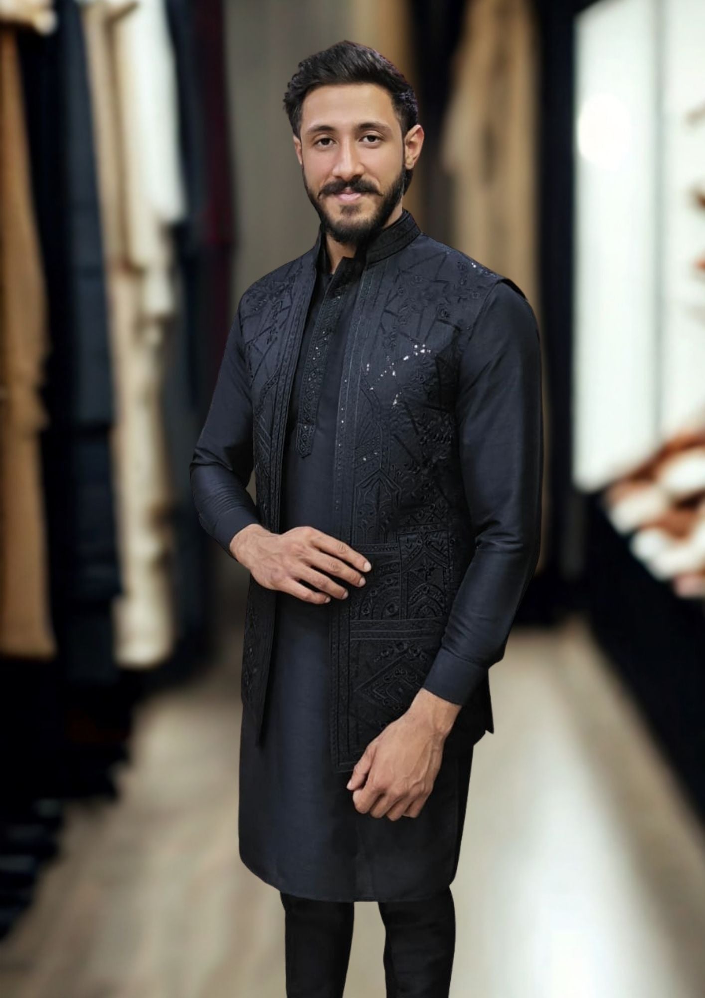 BLACK KURTA PAJAMA JACKET
