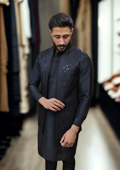 BLACK KURTA PAJAMA JACKET
